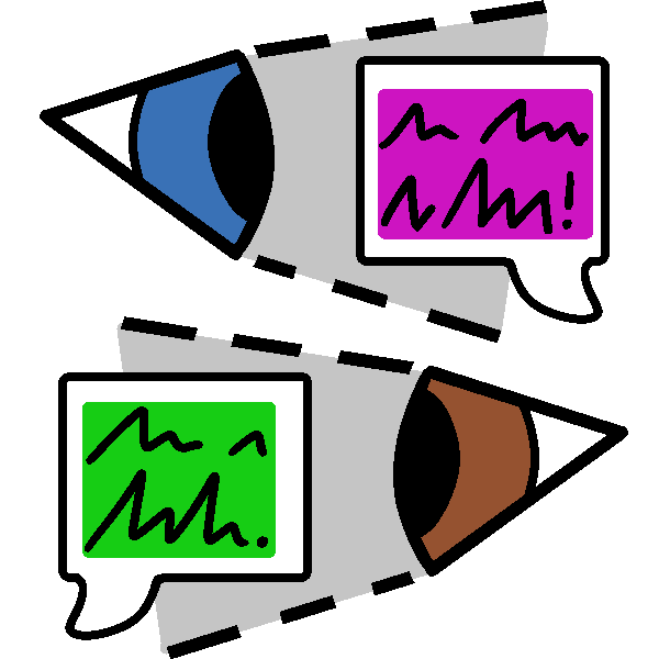 Two eyes, one blue and one brown, looking in opposite directions at speech bubbles with pink highlighted scribbles, or green highlighted symbols.